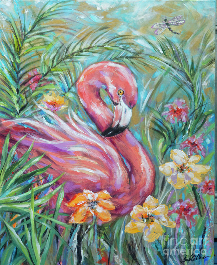 Flamingo Garden Painting by Linda Olsen