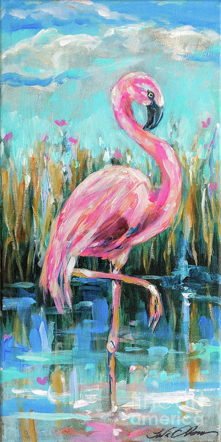 Flamingo in Pond Painting by Linda Olsen