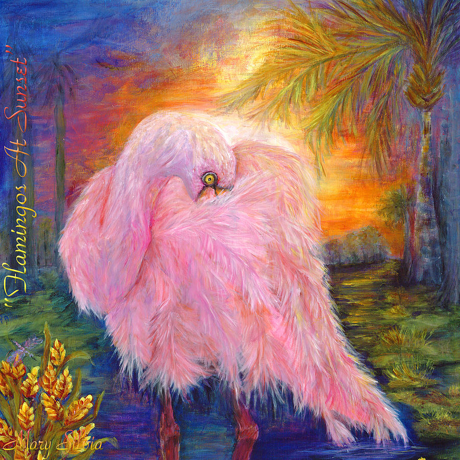 Flamingo in sunset 18x18 Tote Bag Painting by Mary Silvia