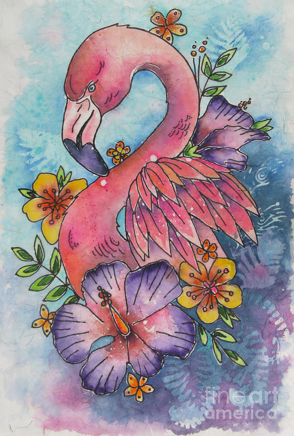 ORIGINAL  Flamboyant Flamingo  Painting by Janet Cruickshank