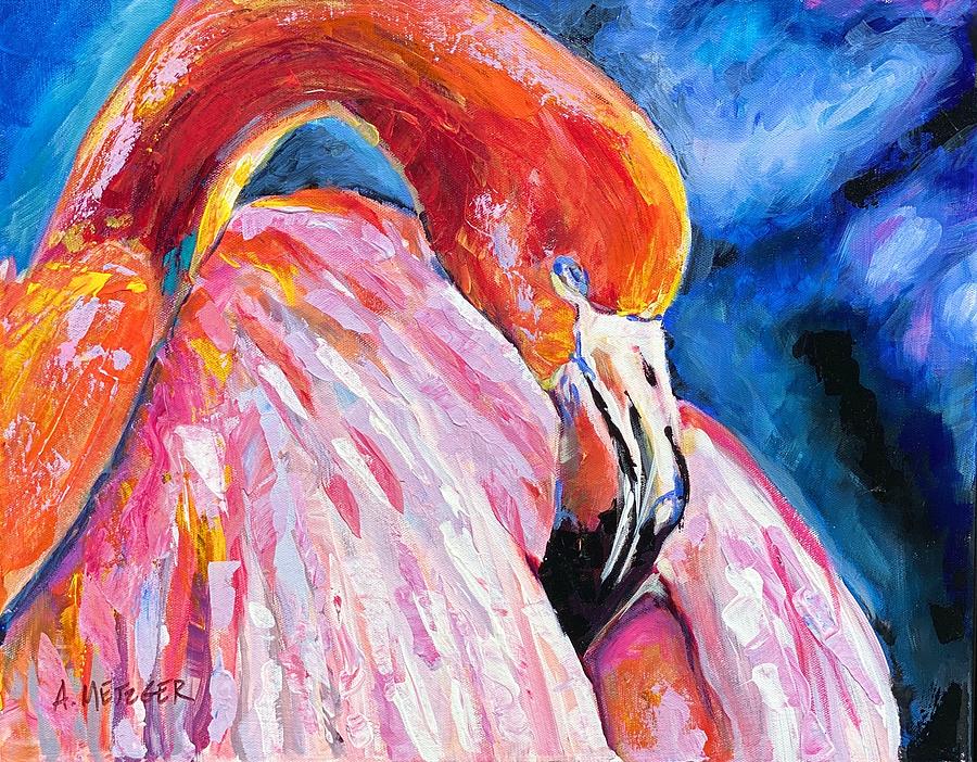 Flamingo Napping Painting by Alan Metzger