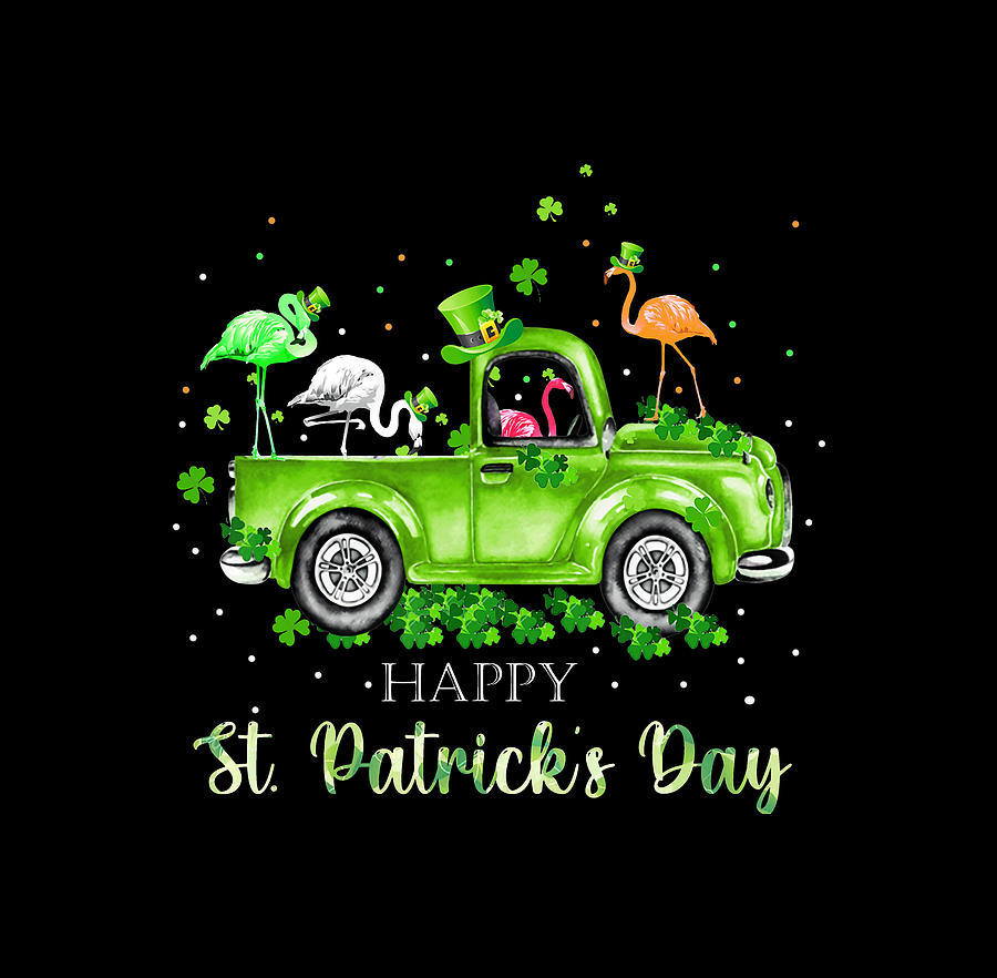 Flamingo Truck Shamrock Green St. Patrick Day Lover T-shirt Drawing
