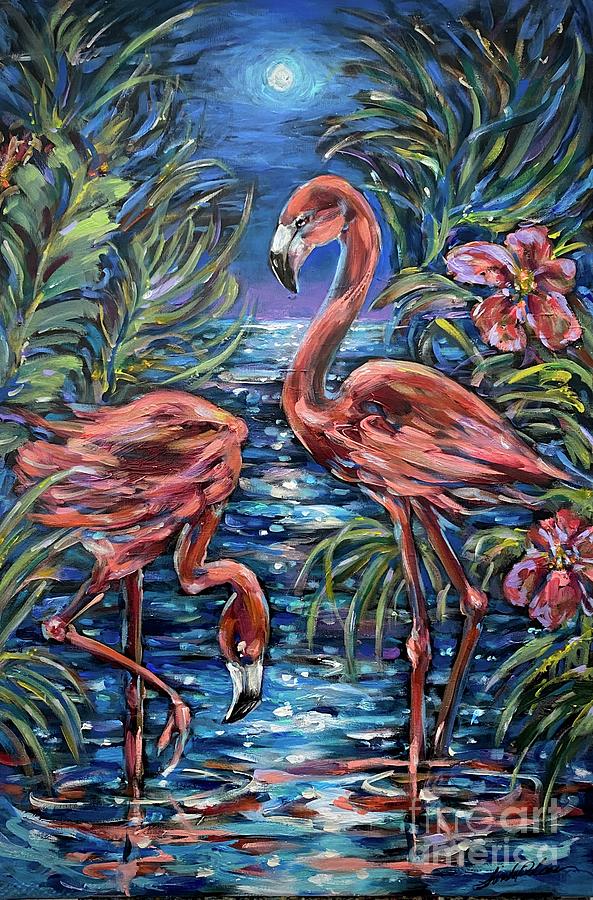 Flamingoes in Moonlight Painting by Linda Olsen