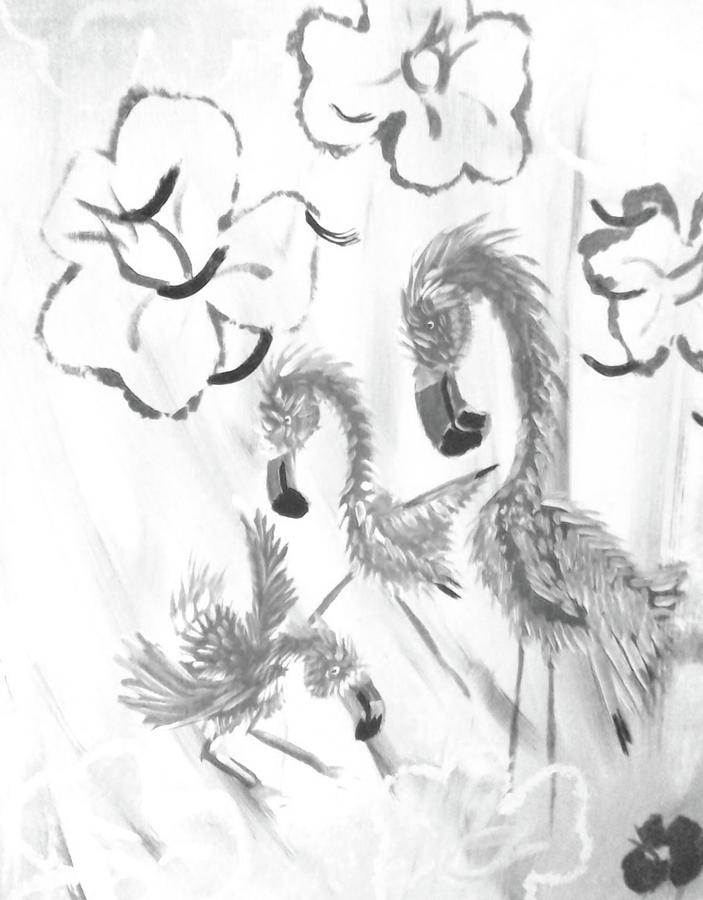 Flamingoes With Hibiscus In Black And White Painting