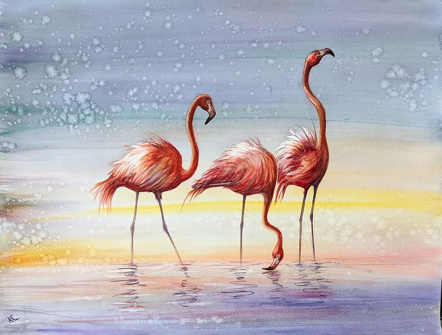 Flamingos 4 Painting by Katerina Kovatcheva