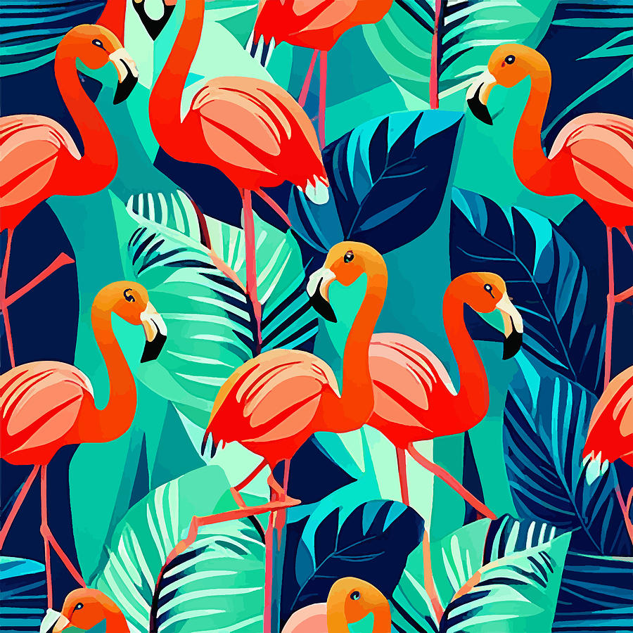 Abstract Digital Art - Flamingos and Tropical Leaves by Vicky Brago-Mitchell