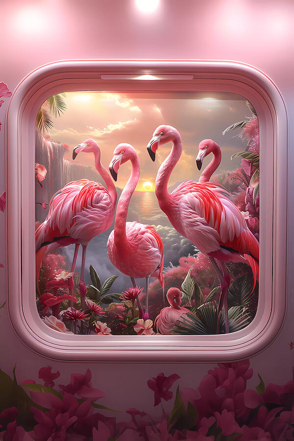 Sunset Digital Art - Flamingos at the airplane by Vaclav Zabransky
