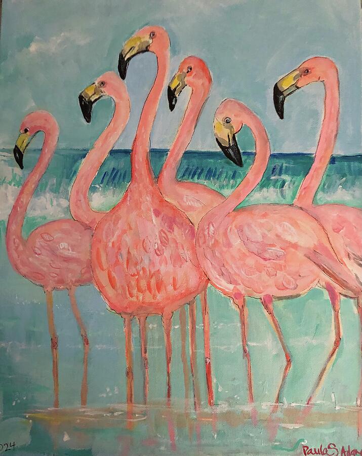 Bird Painting - Flamingos at the Shore by Paula Stacy Adams