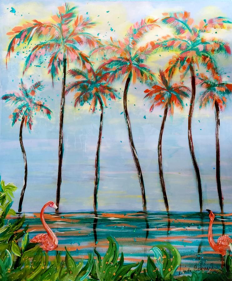 Flamingos in the Tropics Painting by Linda Cabrera