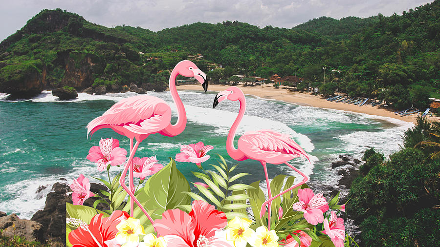 Flamingos On A Hill Overlooking The Beach Digital Art