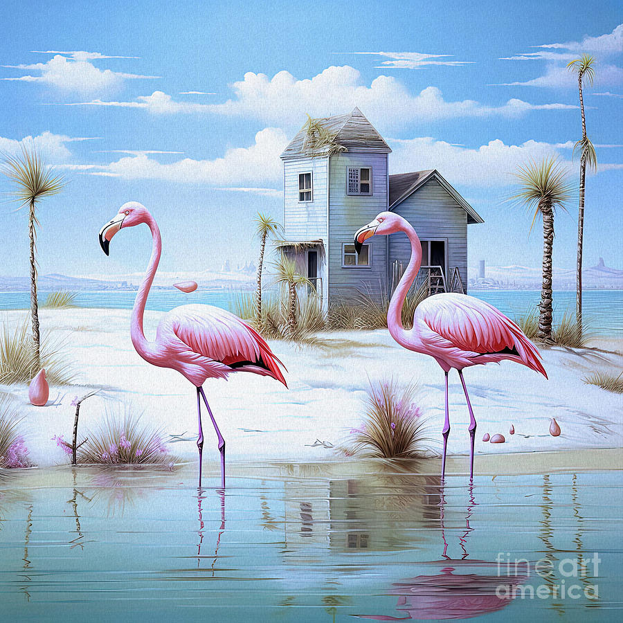 Flamingos on the Beach  Digital Art by Elaine Manley