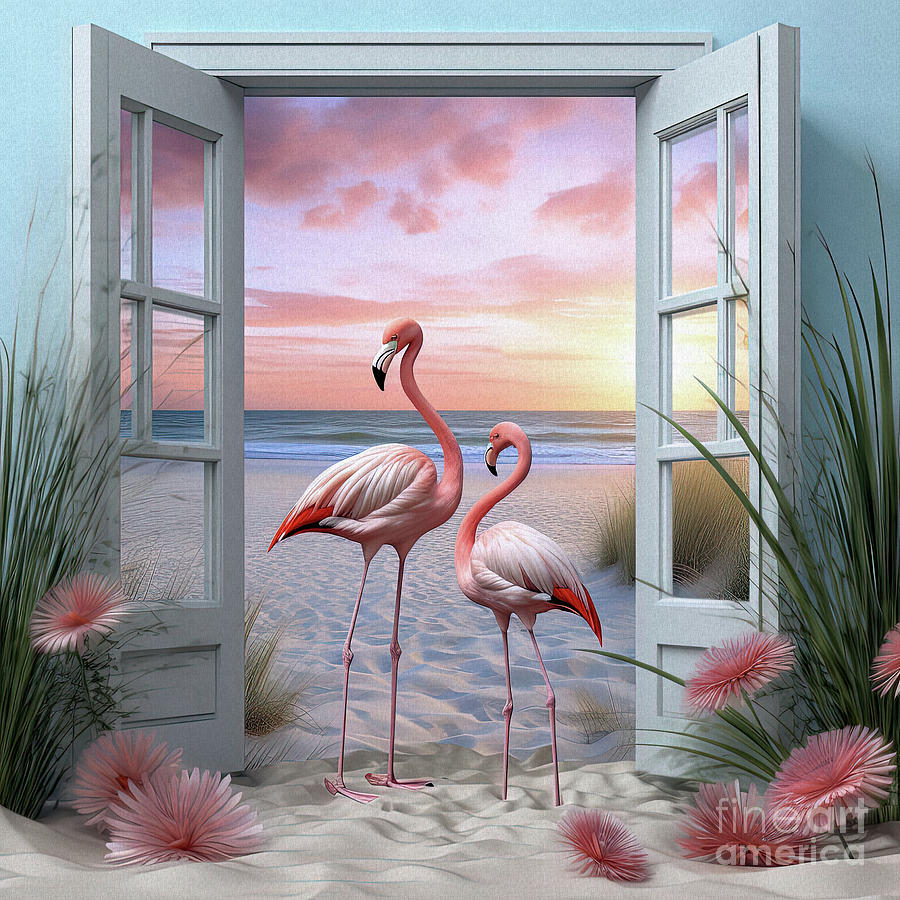 Flamingos peeking in the open doors  Digital Art by Elaine Manley