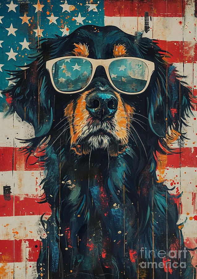 Flat-coated Fashion Retriever Dog Wearing Cool Glasses With Flag Background Drawing