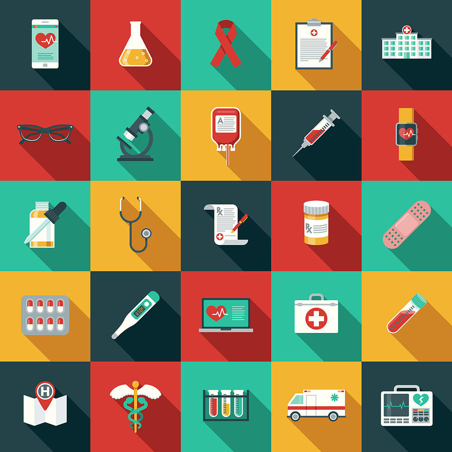Flat Design Healthcare & Medicine Icon Set with Side Shadow Drawing by Bortonia