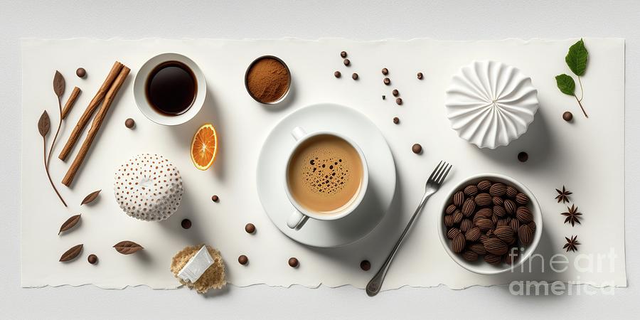 Flat lay of coffee with other delicacies, on a panoramic white b Photograph by Joaquin Corbalan