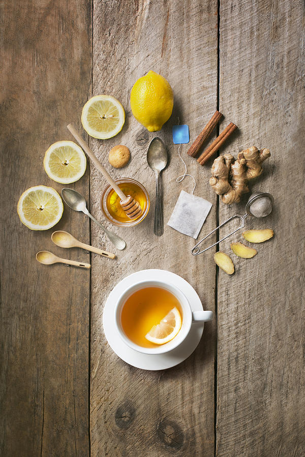 Flat lay of honey lemon ginger tea. Photograph by Twomeows