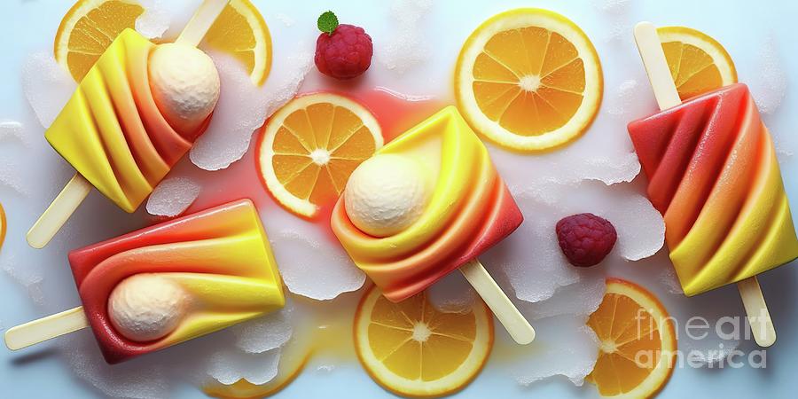 Flat lay of refreshing fruit ice lollies. Ai generated. Photograph by Joaquin Corbalan