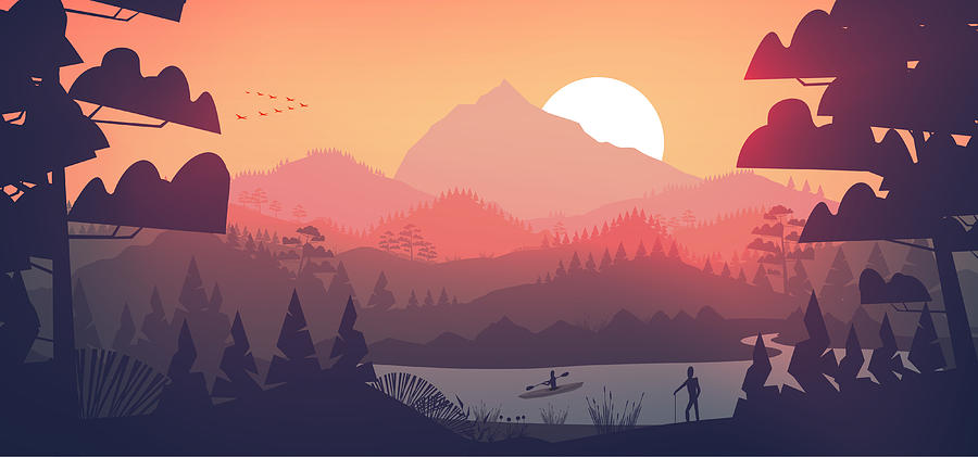 Flat minimal lake with pine forest, and mountains at sunset Drawing by Benjamin Toth