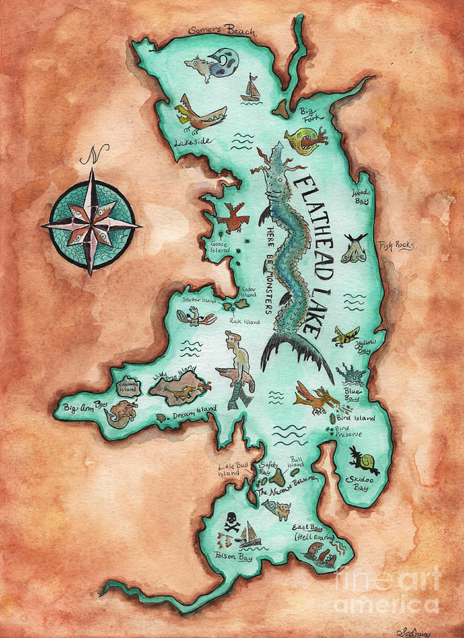 Flathead Lake Sea Monster Map Painting by Eric Haines