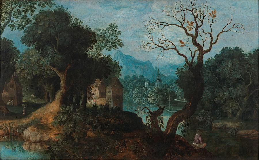 Flemish School    Century A Wooded Landscape With A Fisherman Painting
