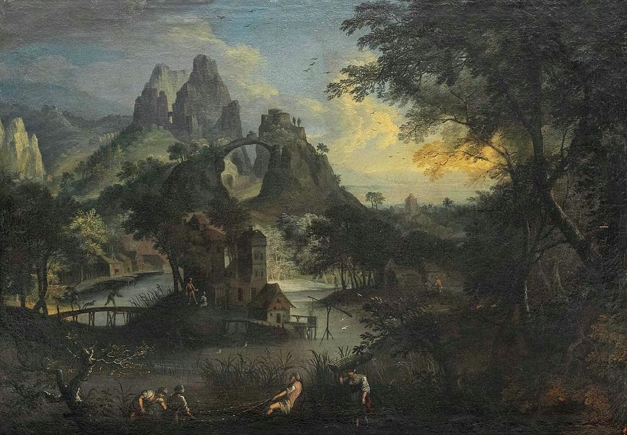 Flemish school entury Fantastic mountain landscape with a bridge buildings and various scenes of peo Painting by MotionAge Designs