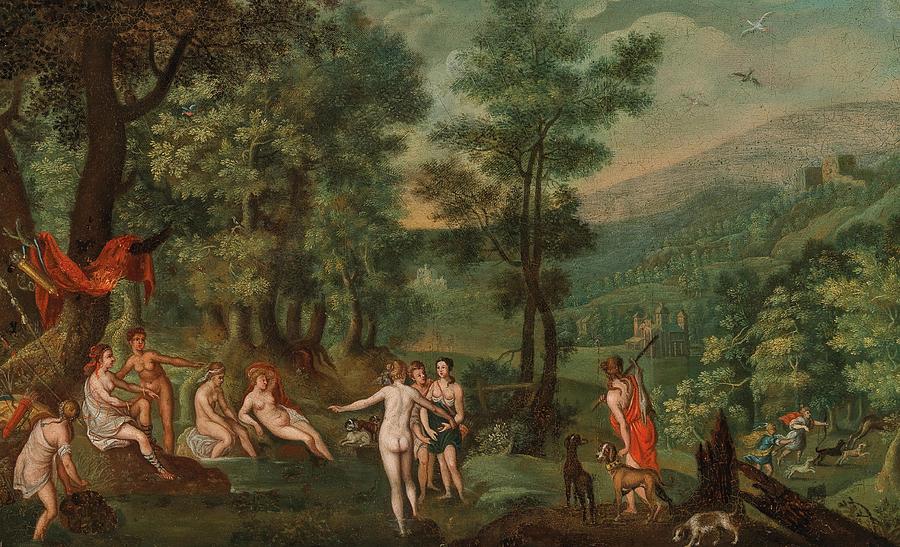 Flemish School  H Century A Landscape With Diana And Her Nymphs Hunting Painting
