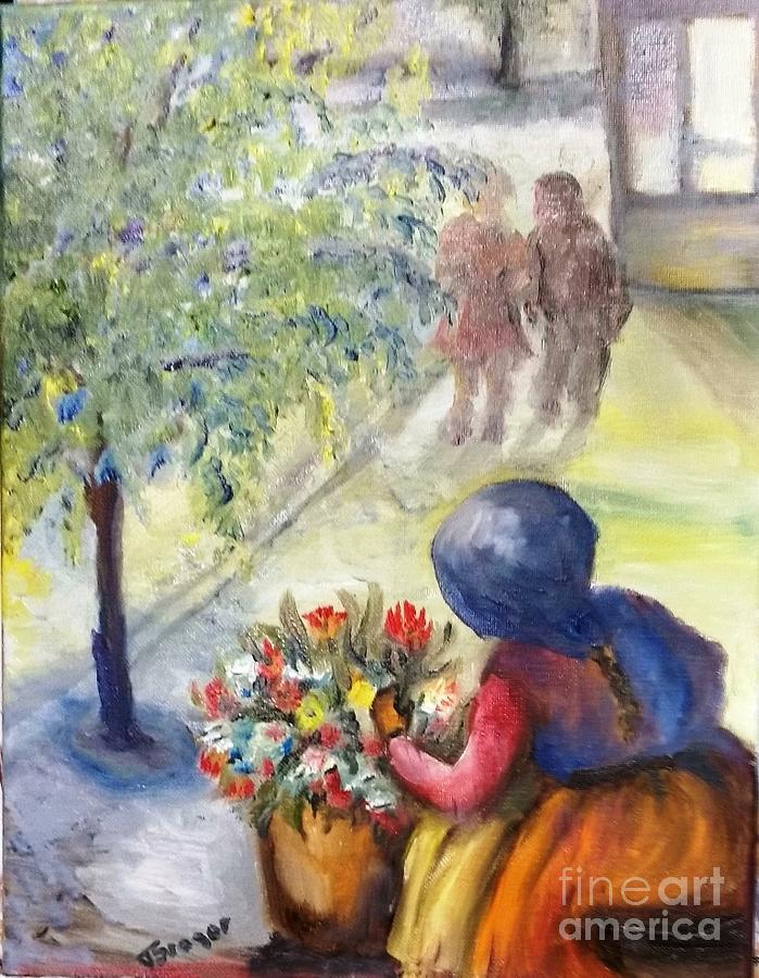 Bucarest Street Florist They went by Painting by Tatiana Sragar