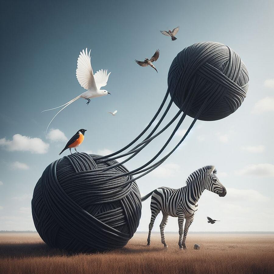 Flight of Fancy - A Zebras Serene Soar Among Floating Yarn Balls Digital Art by Artfinity X Flight of Fancy - A Zebras Serene Soar Among Floating Yarn Balls Digital Art by Artfinity X