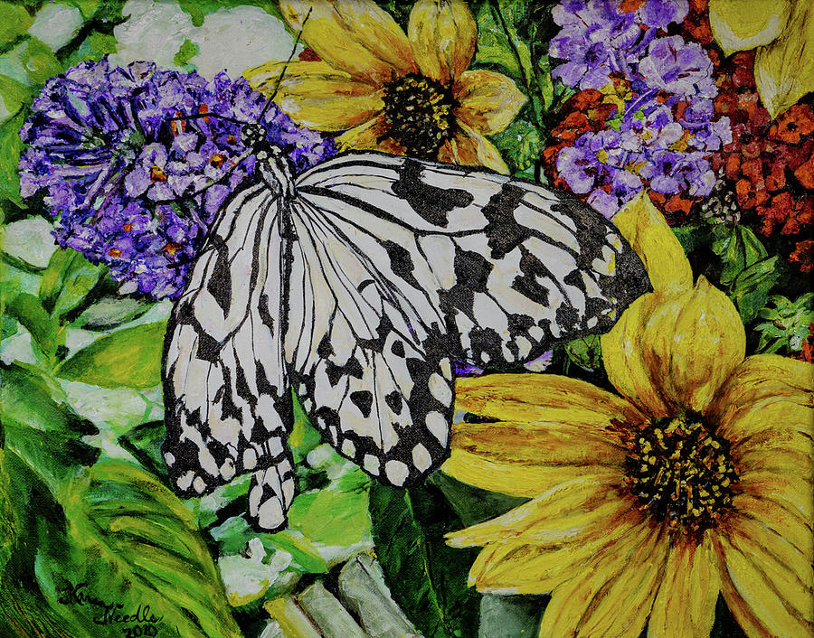 Flight of the black and white Monarch Painting by Karen Needle