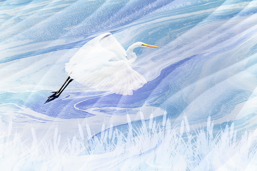 Flight of the Great White Egret Mixed Media by Patti Deters