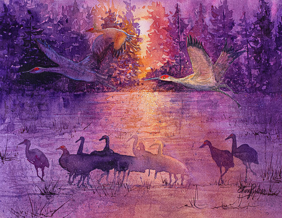 Flight Of The Sandhill Crane Painting by Cheryl Prather