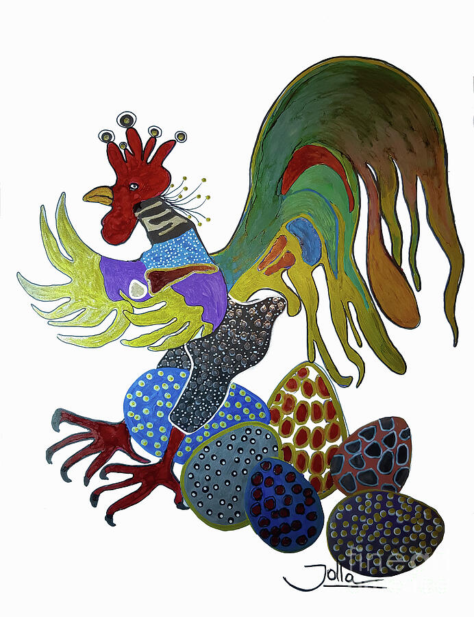 Flight of the whimsical rooster Painting by Jolanta Anna Karolska