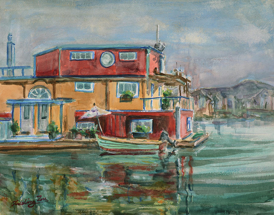 Floating Boathouse in Alameda California Painting by Xueling Zou