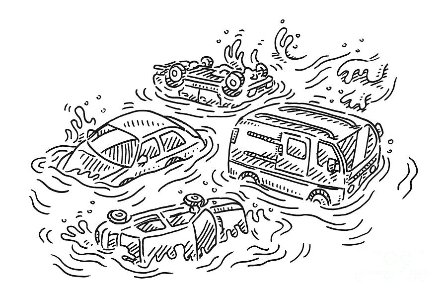 Floating Cars Flood Disaster Drawing Drawing by Frank Ramspott