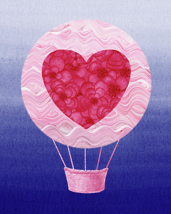 Floating Pink Heart Hot Air Balloon Painting
