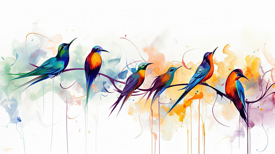 Flock of Colorful Birds Painting by Lourry Legarde
