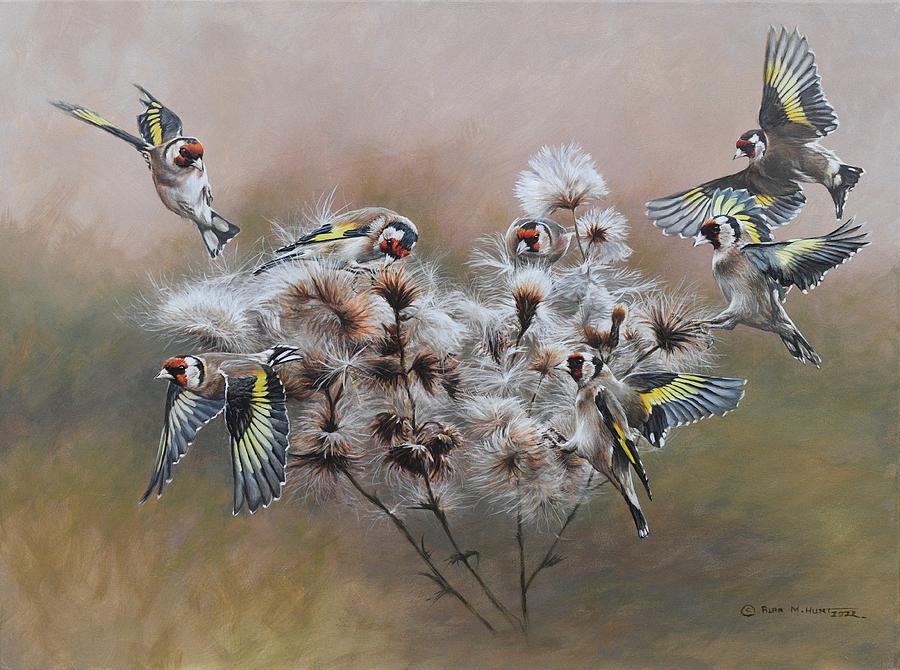 Flock of Goldfinches on Thistle Painting by Alan M Hunt