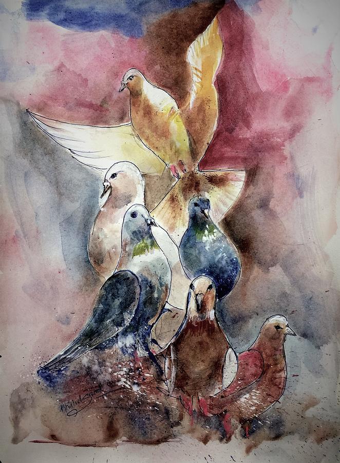 Flock of  pigeons Painting by Khalid Saeed