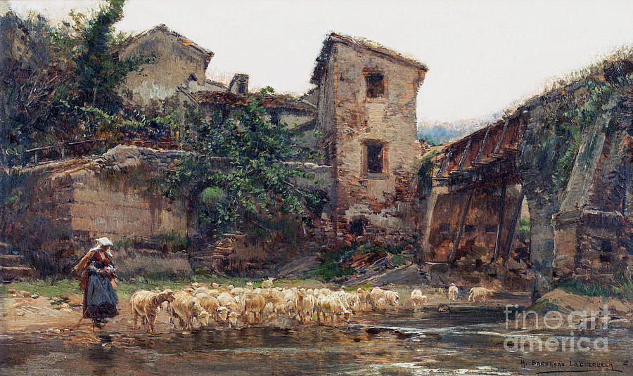 Flock of Sheep by the River Painting by Mariano Barbasan Lagueruela