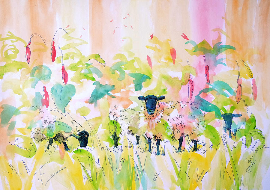 Flower Painting - Flock of Suffolk Sheep in Giant Fuschia plant watercolor surreal painting by Mike Jory