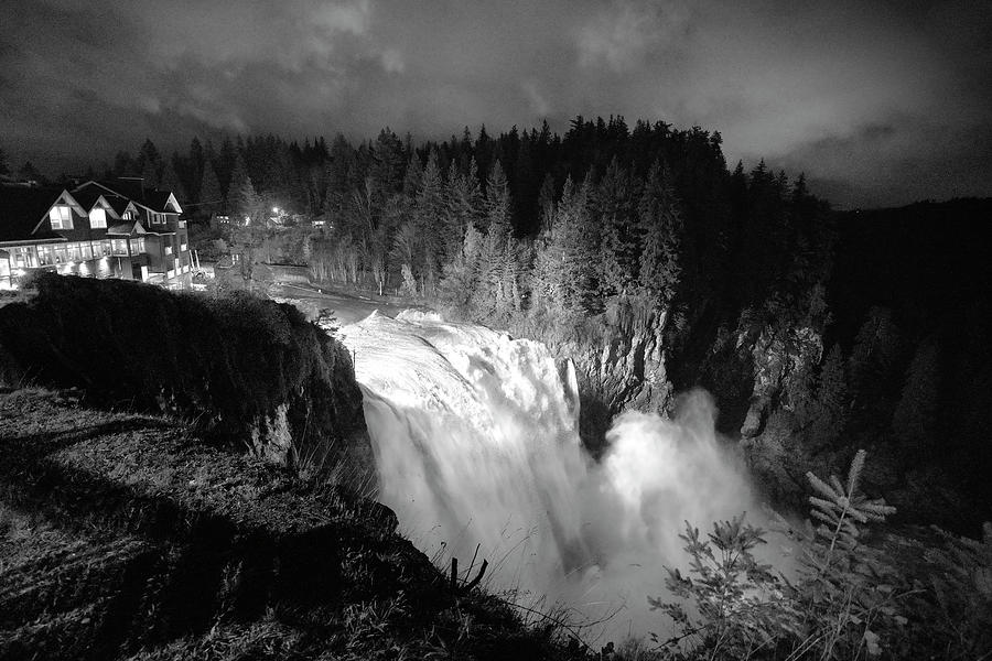 Flood Flow at Snoqualmie Falls at Salish Lodge Black and White Photograph by Chris Pappathopoulos