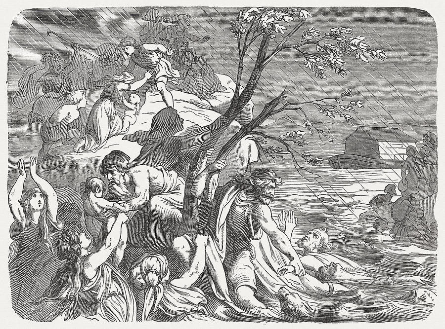 Flood (Genesis 7, 19-24), wood engraving, published in 1877 Drawing by Zu_09