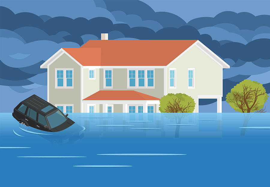 Flood House Disaster Car Vector Drawing by Medesulda