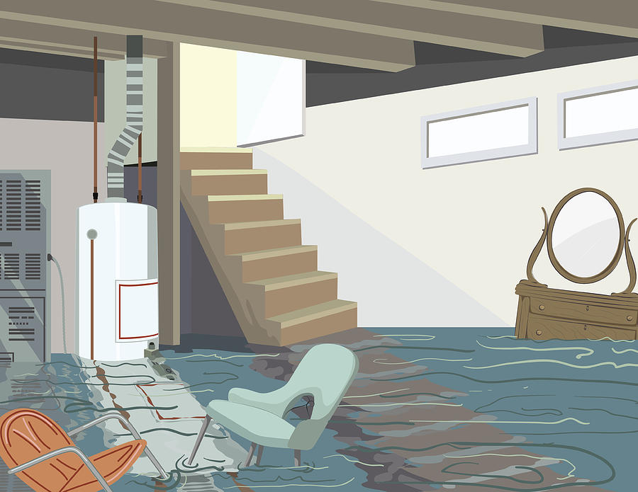 Flooded Basement With Hot Water Tank And Floating Furniture Drawing by Diane Labombarbe