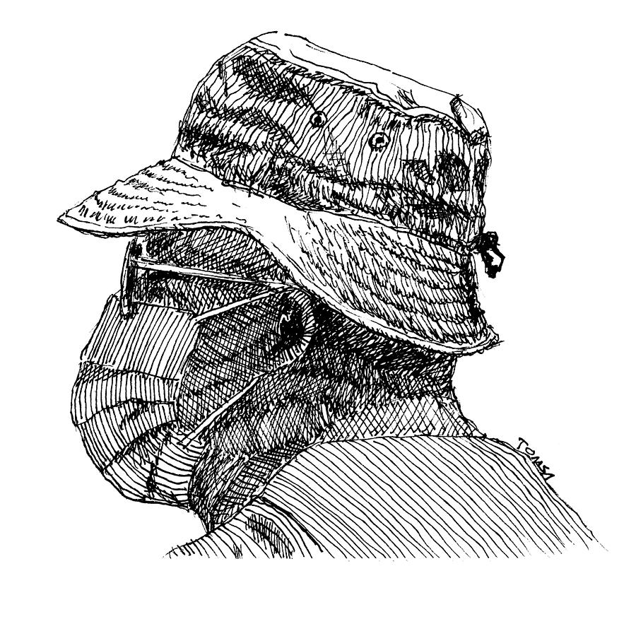 Floppy Hat and Mask Drawing by Bill Tomsa