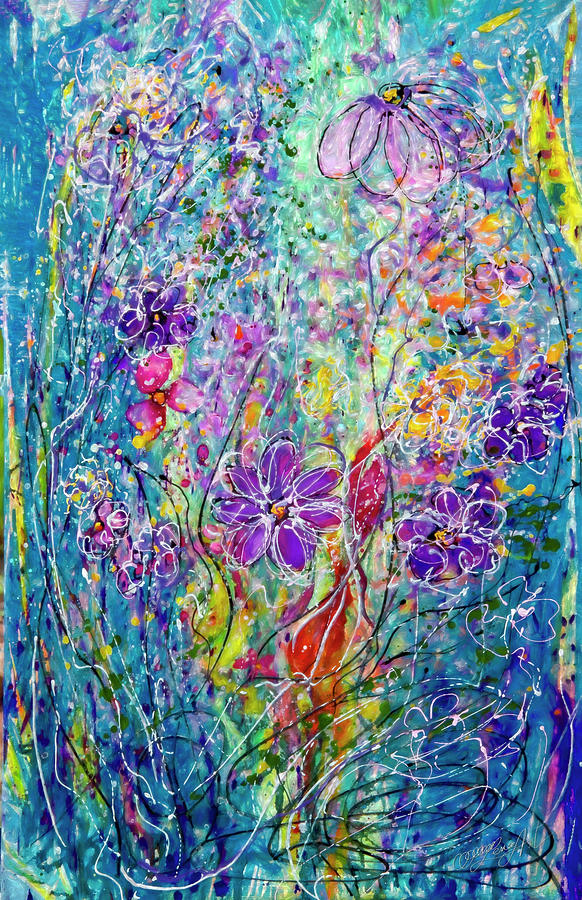 Floral Blue And Purple Abstract Painting by OLena Art