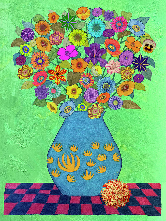 Floral Bouquet on Green Mixed Media by Lorena Cassady