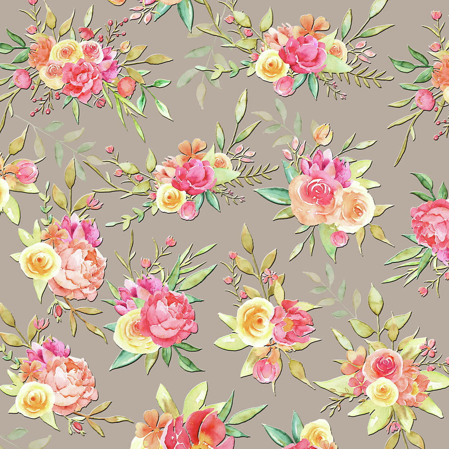 Floral Bouquet Pattern On Taupe Digital Art by HH Photography of Florida