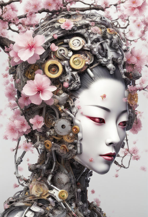 Floral Cyborg Head 02 Geisha Style Digital Art by Matthias Hauser