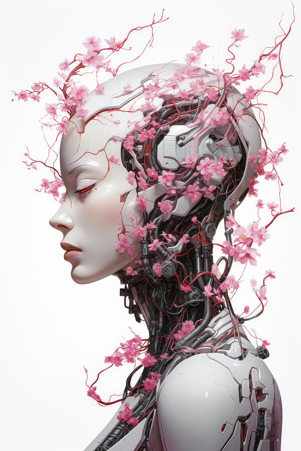 Floral Cyborg Head 06 Pink and White Digital Art by Matthias Hauser